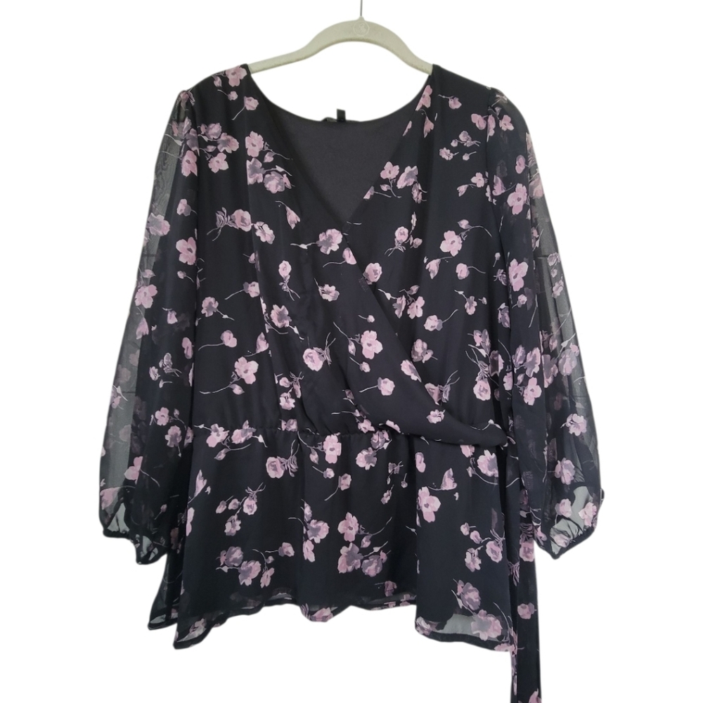 West Kei Black Pink Floral L Surplice Peplum Blouse‎ 3/4 Sleeve Dark Romantic